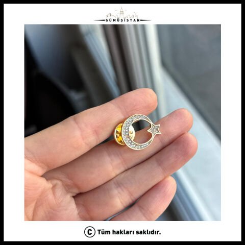 925 Ayar Gümüş Zirkon Taş Detaylı Ay Yıldız Kolye+Rozet Set