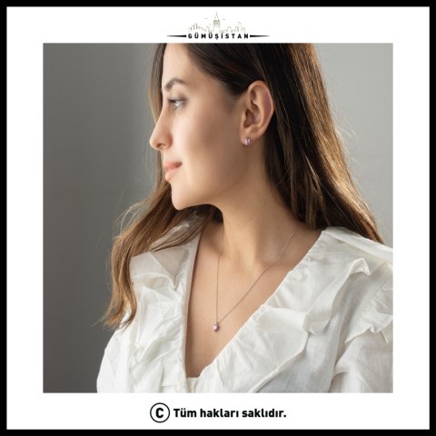 925 Ayar Gümüş Kişiye Özel Doğum Taşlı Kolye ve Küpe Takı Seti