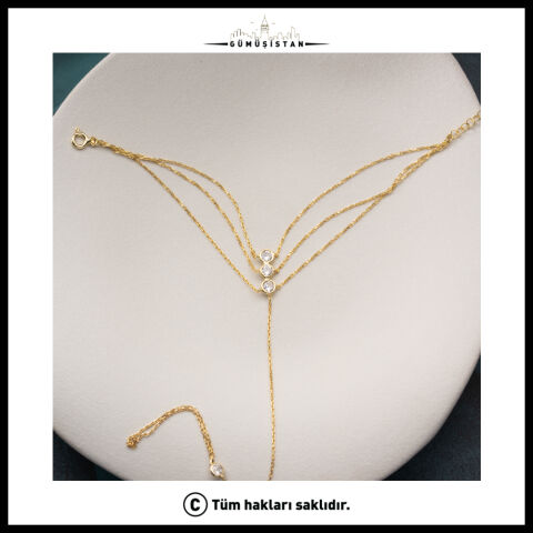 925 Ayar Gümüş Zirkon Taşlı Üç Sıra Şahmeran El Bilekliği Gold