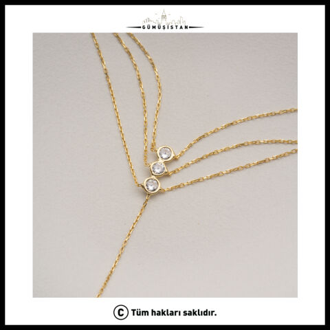 925 Ayar Gümüş Zirkon Taşlı Üç Sıra Şahmeran El Bilekliği Gold