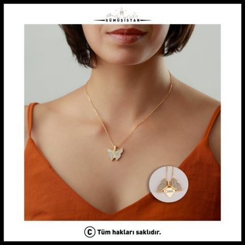 14 Ayar Altın Kaplama İsimli Açılan Kelebek Kolye
