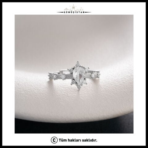 925 Ayar Gümüş Damla Zirkon Taşlı Ayarlanabilir Vintage Kadın Yüzük