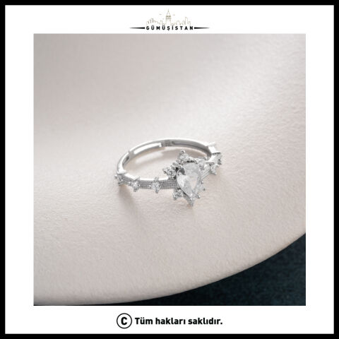 925 Ayar Gümüş Damla Zirkon Taşlı Ayarlanabilir Vintage Kadın Yüzük