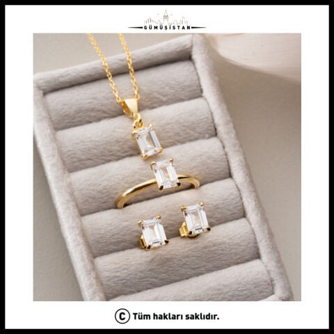 925 Ayar Gümüş Baget Zirkon Taşlı Gold Kaplama Kolye Küpe Yüzük Takı Seti