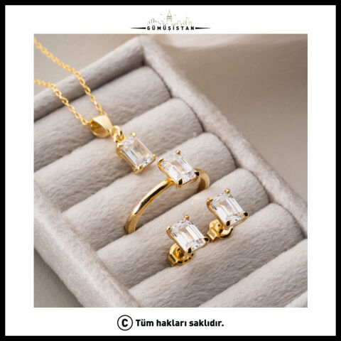 925 Ayar Gümüş Baget Zirkon Taşlı Gold Kaplama Kolye Küpe Yüzük Takı Seti