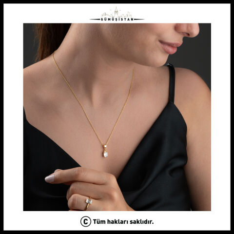 925 Ayar Gümüş Baget Zirkon Taşlı Gold Kaplama Kolye Küpe Yüzük Takı Seti