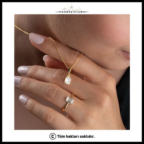 925 Ayar Gümüş Baget Zirkon Taşlı Gold Kaplama Kolye Küpe Yüzük Takı Seti
