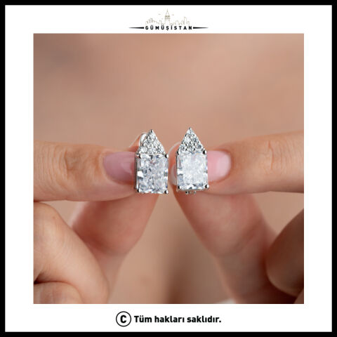 925 Ayar Gümüş Baget Kesim Zirkon Taşlı Sallantılı Kadın Küpe
