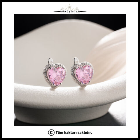 925 Ayar Gümüş Pembe Kalp Zirkon Taşlı Işıltılı Kadın Küpe