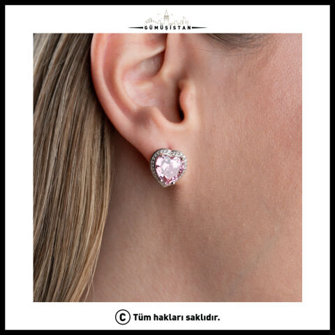 925 Ayar Gümüş Pembe Kalp Zirkon Taşlı Işıltılı Kadın Küpe