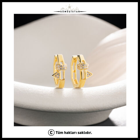 925 Ayar Gümüş Gold Geometrik Zirkon Taşlı Halka Küpe