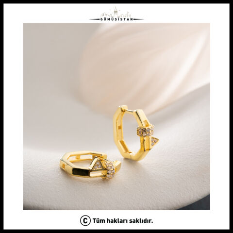 925 Ayar Gümüş Gold Geometrik Zirkon Taşlı Halka Küpe