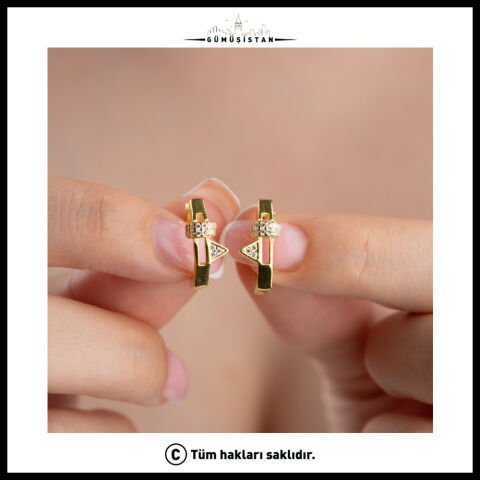 925 Ayar Gümüş Gold Geometrik Zirkon Taşlı Halka Küpe