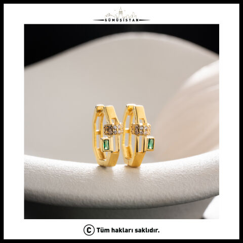 925 Ayar Gümüş Gold Yeşil Baget Taşlı Geometrik Halka Küpe
