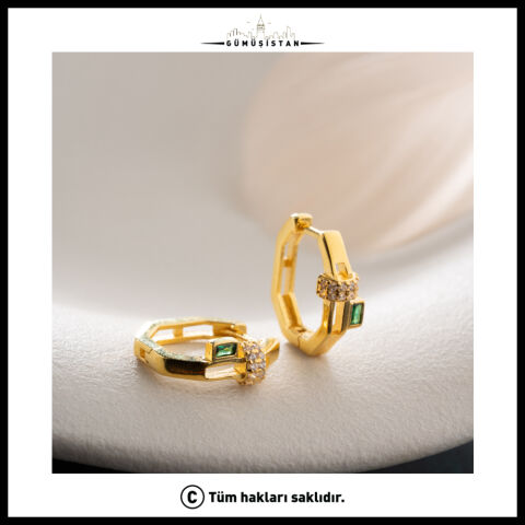 925 Ayar Gümüş Gold Yeşil Baget Taşlı Geometrik Halka Küpe