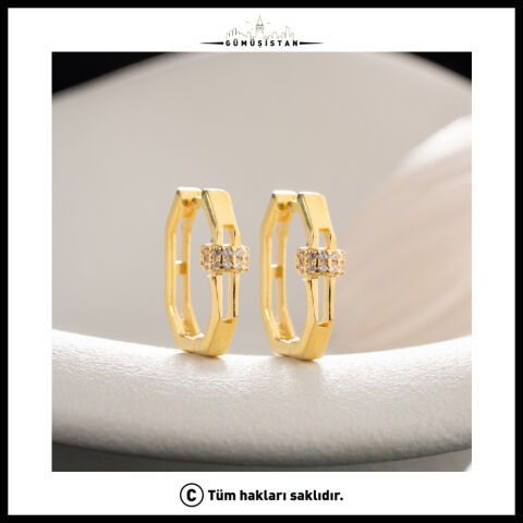 925 Ayar Gümüş Gold Zirkon Taşlı Modern Geometrik Halka Küpe