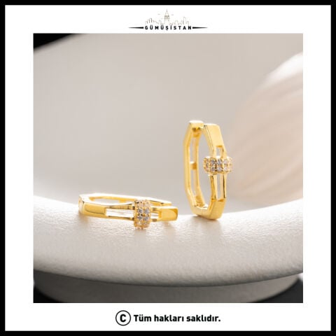 925 Ayar Gümüş Gold Zirkon Taşlı Modern Geometrik Halka Küpe