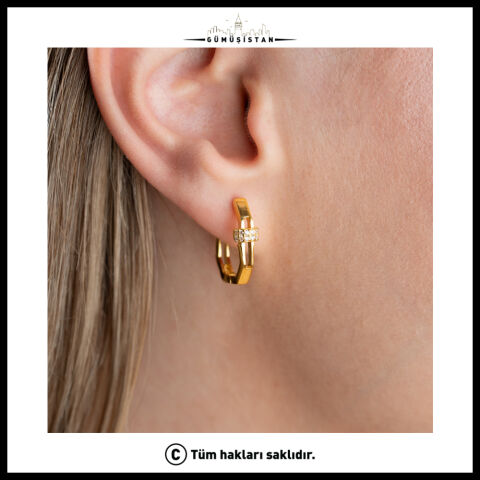 925 Ayar Gümüş Gold Zirkon Taşlı Modern Geometrik Halka Küpe