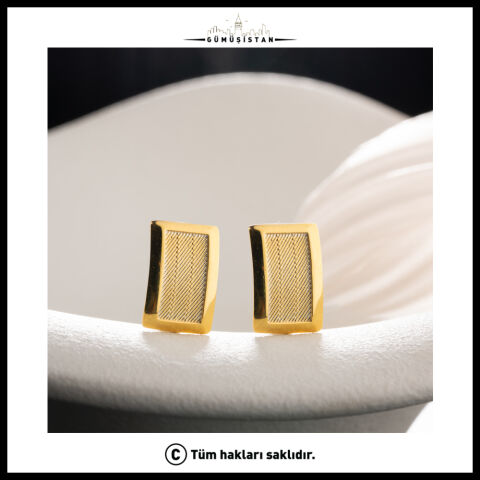 925 Ayar Gümüş Gold Dikdörtgen Geometrik Minimal Küpe
