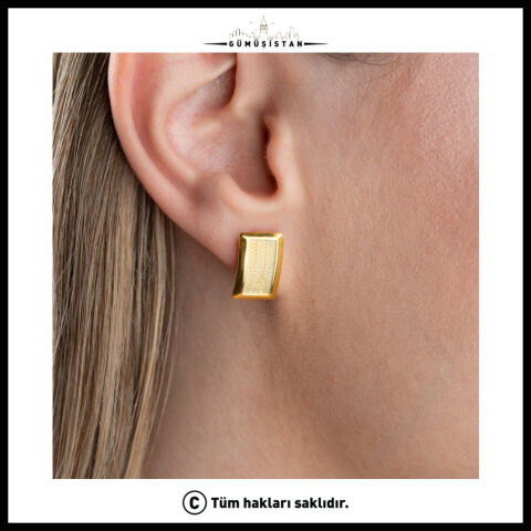 925 Ayar Gümüş Gold Dikdörtgen Geometrik Minimal Küpe