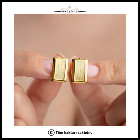 925 Ayar Gümüş Gold Dikdörtgen Geometrik Minimal Küpe