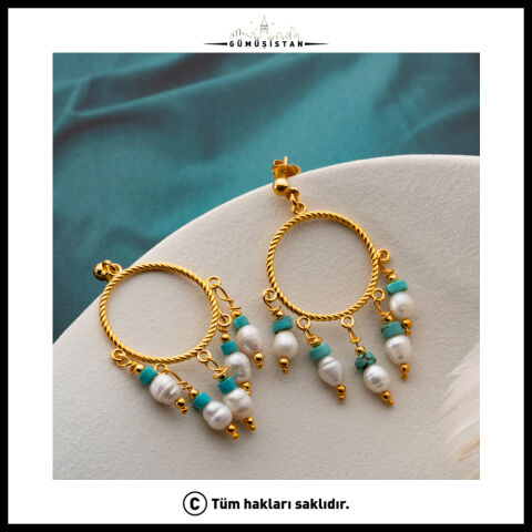 925 Ayar Gümüş Doğal İnci ve Turkuaz Taşlı Gold Sallantılı Halka Küpe
