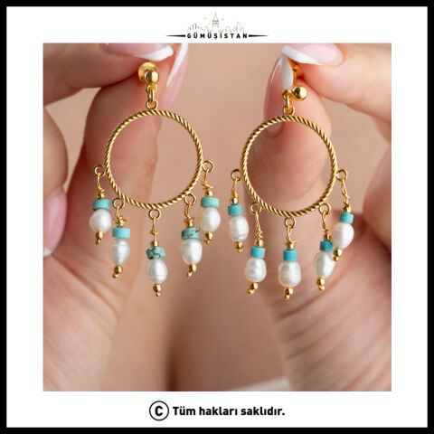 925 Ayar Gümüş Doğal İnci ve Turkuaz Taşlı Gold Sallantılı Halka Küpe