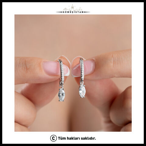 Zirkon Taşlı Damla Sallantılı 925 Ayar Gümüş Küpe