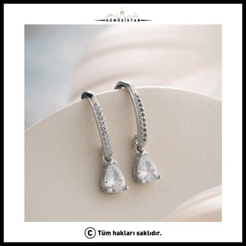 Damla Zirkon Taşlı Sallantılı 925 Ayar Gümüş Küpe