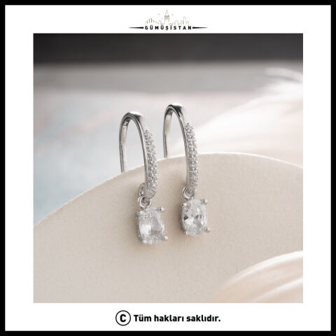 Oval Zirkon Taşlı 925 Ayar Gümüş Sallantılı Küpe