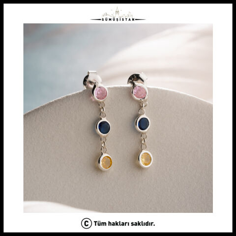 Renkli Zirkon Taşlı 925 Ayar Gümüş Sallantılı Küpe