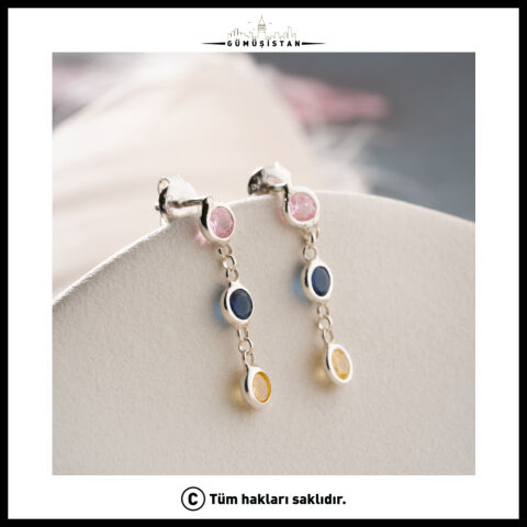 Renkli Zirkon Taşlı 925 Ayar Gümüş Sallantılı Küpe