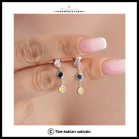 Renkli Zirkon Taşlı 925 Ayar Gümüş Sallantılı Küpe