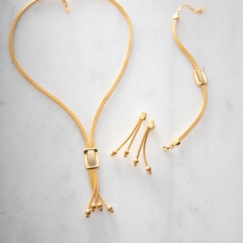 925 Ayar Gümüş Altın Kaplama Baget Taşlı Örgü Dorika Set