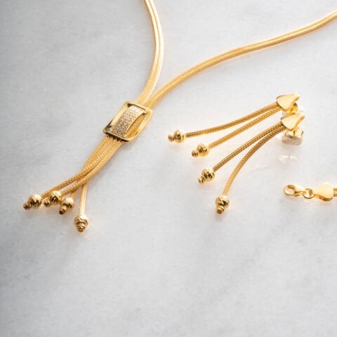 925 Ayar Gümüş Altın Kaplama Baget Taşlı Örgü Dorika Set