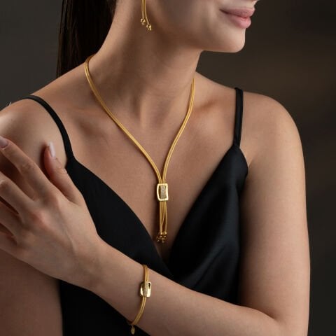 925 Ayar Gümüş Altın Kaplama Baget Taşlı Örgü Dorika Set