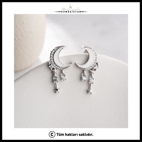 925 Ayar Gümüş Ay & Yıldız Detaylı Sallantılı Küpe
