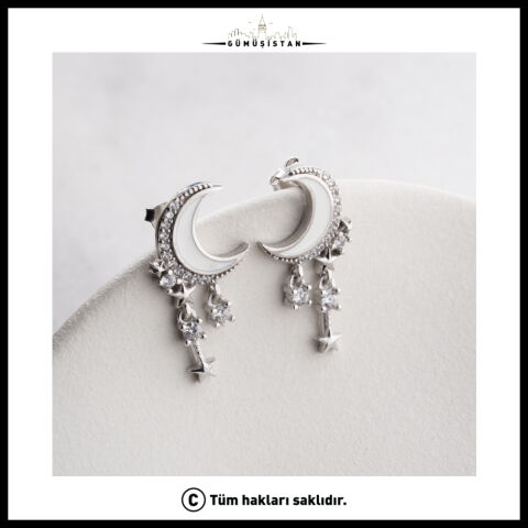 925 Ayar Gümüş Ay & Yıldız Detaylı Sallantılı Küpe
