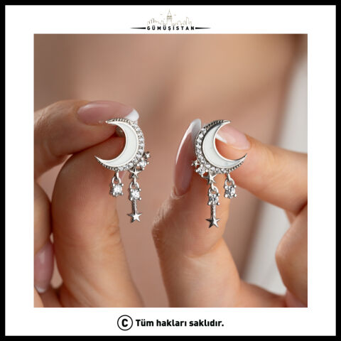 925 Ayar Gümüş Ay & Yıldız Detaylı Sallantılı Küpe