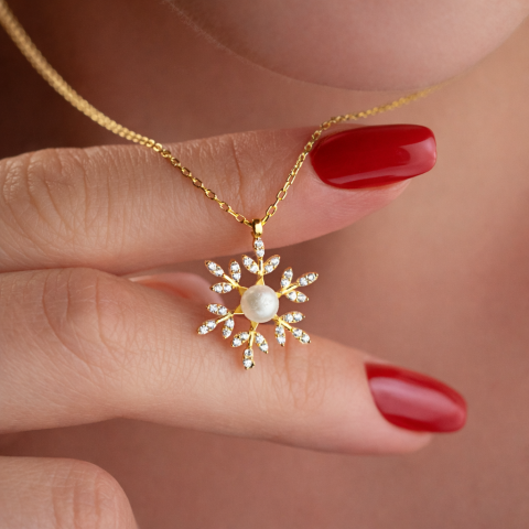 925 Ayar Gümüş Altın Kaplama İncili Kar Tanesi Kolye