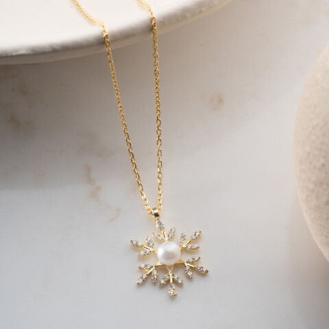 925 Ayar Gümüş Altın Kaplama İncili Kar Tanesi Kolye