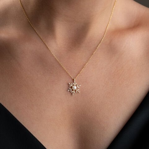 925 Ayar Gümüş Altın Kaplama İncili Kar Tanesi Kolye