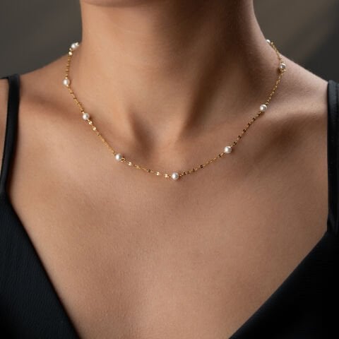 925 Ayar Gümüş Altın Kaplama İncili Minimalist Sıra Kolye