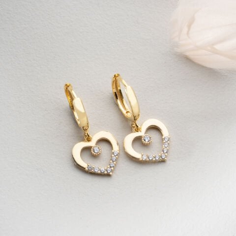 925 Ayar Gümüş Altın Kaplama Işıltılı Kalp Sallantılı Halka Küpe