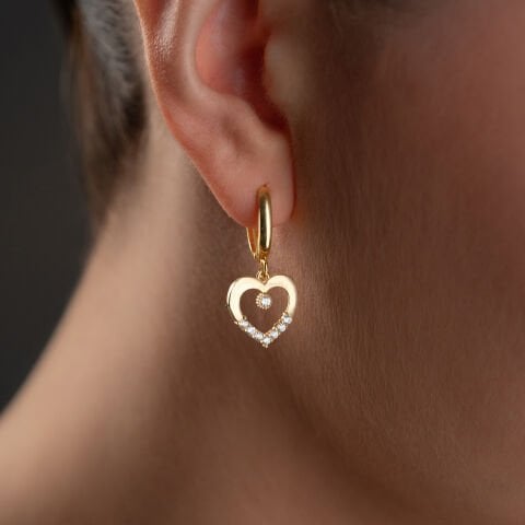 925 Ayar Gümüş Altın Kaplama Işıltılı Kalp Sallantılı Halka Küpe