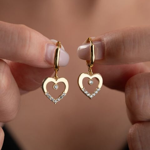 925 Ayar Gümüş Altın Kaplama Işıltılı Kalp Sallantılı Halka Küpe