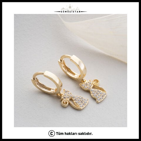 925 Ayar Gümüş Zirkon Taşlı Kedi Küpe – Sallantılı Gold Renk Kadın Küpe