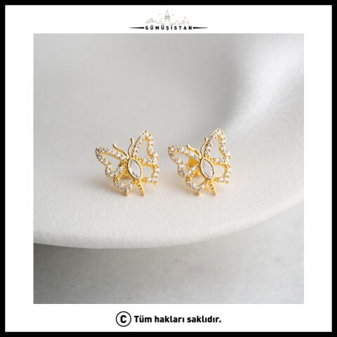 925 Ayar Gümüş Zirkon Taşlı Kelebek Küpe – Gold Renk Kadın Küpe