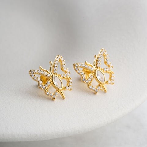 925 Ayar Gümüş Altın Kaplama Taşlı Kelebek Figürlü Küpe