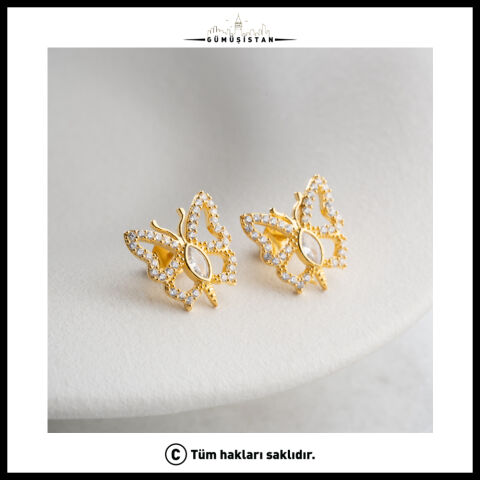 925 Ayar Gümüş Zirkon Taşlı Kelebek Küpe – Gold Renk Kadın Küpe